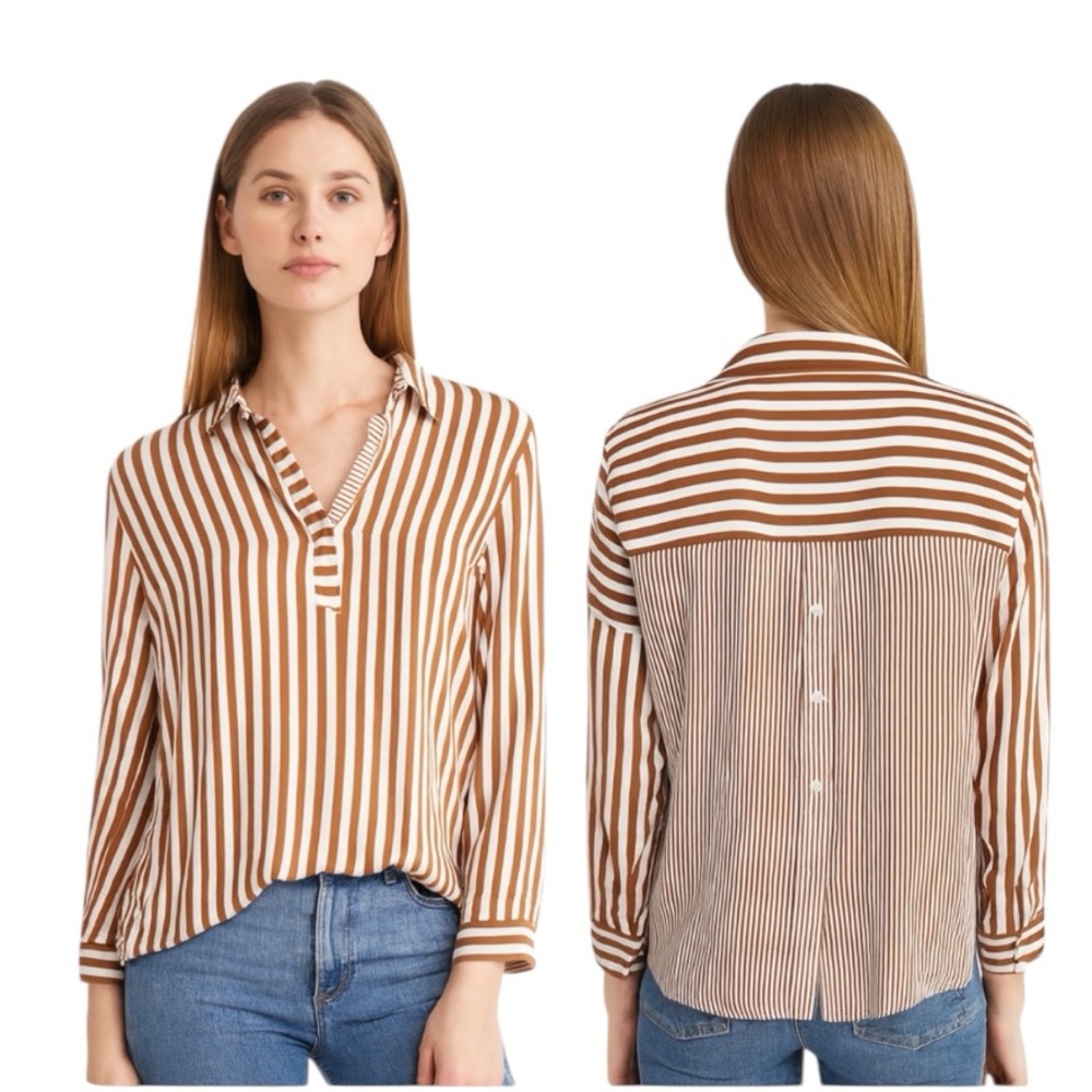 Jane and Delancey Brown and White Striped boho Blouse